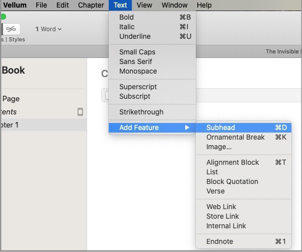 vellum keyboard shortcuts - text > add feature sub-menu in vellum for macs