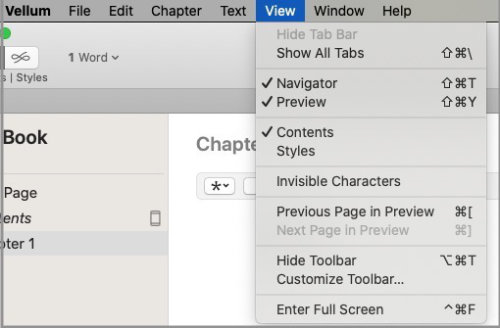 vellum keyboard shortcuts - view menu in vellum for macs
