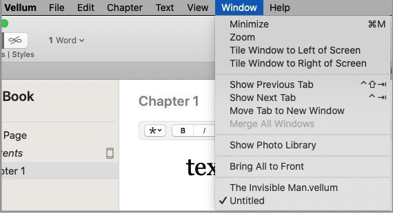 vellum keyboard shortcuts - window menu in vellum for macs