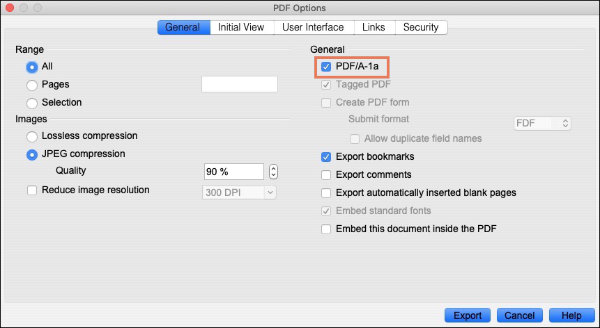 OpenOffice Writer PDF Options panel