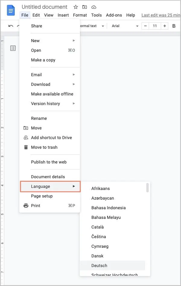 google docs writing language list