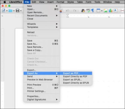 libreoffice writer menu file - export as - export as pdf