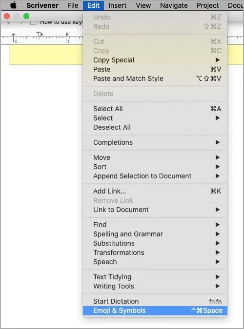 edit menu - emojis and symbols scrivener for mac