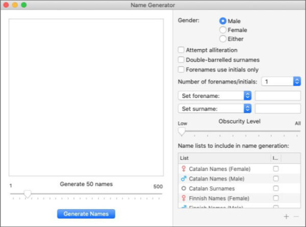 scrivener name generator as opened