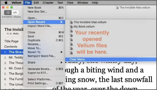delete a book in vellum - vellum for mac open recent menu