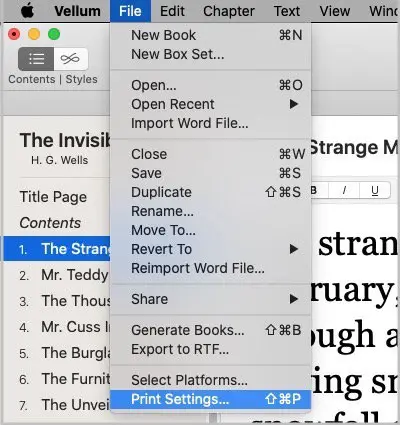 vellum for mac - file menu > print settings