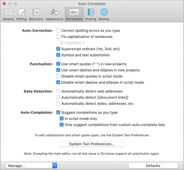 corrections tab in scrivener for mac