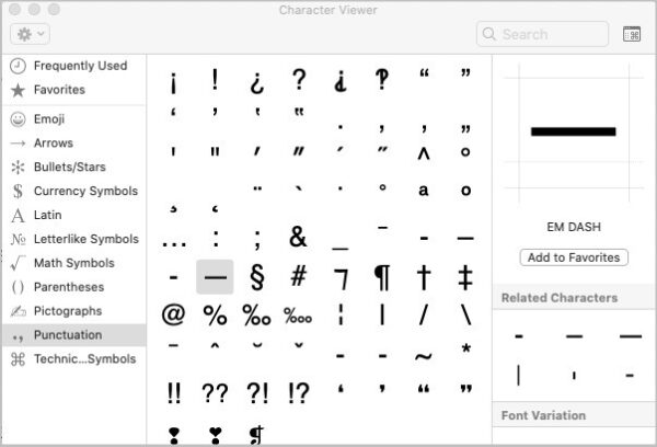 emojis and symbols in scrivener for mac - em dash in scrivener