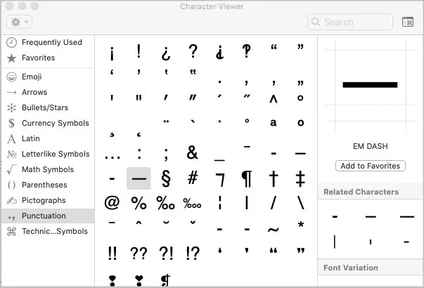 emojis and symbols in scrivener for mac - em dash in scrivener