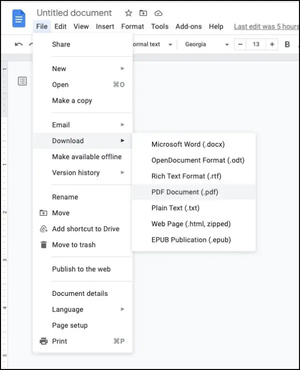 make google docs into pdf - google docs file menu download