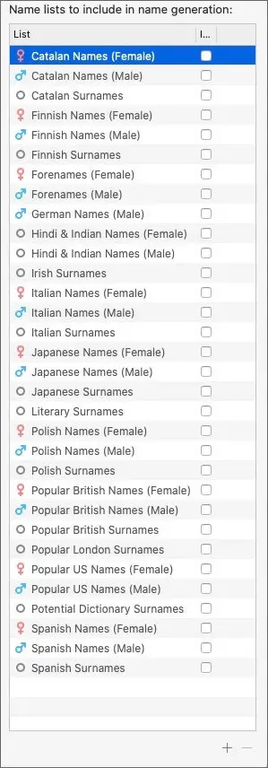 names lists included in scrivener name generator