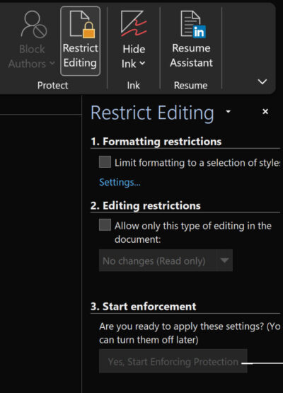 restrict editing panel in ms word for windows