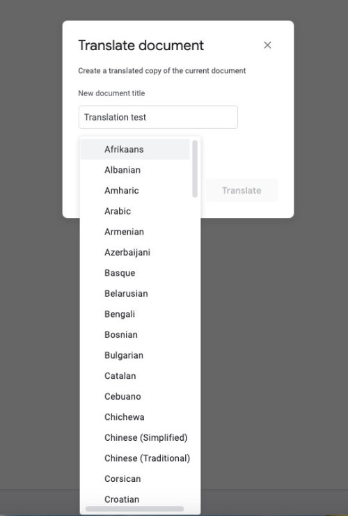 translate in google docs - language list