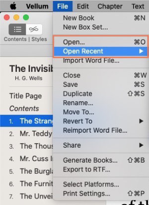 Open... and Open Recent menu in Vellum for mac