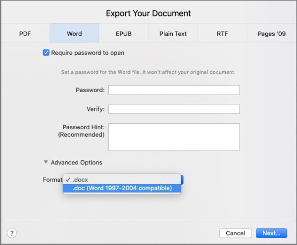apple pages export to .docx. edit word files on a mac