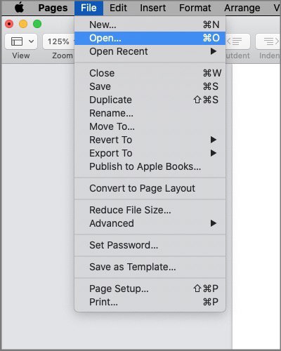 File > Open menu in Apple Pages