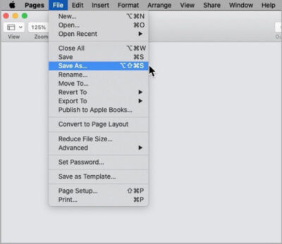 apple pages file menu - save as in apple pages