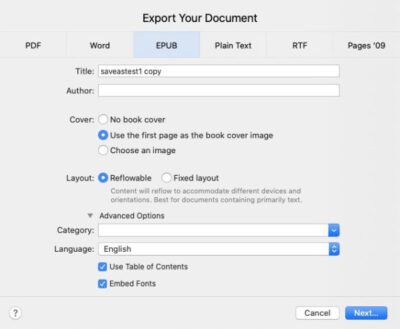 apple pages export to epub settings panel