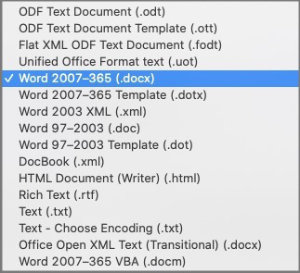 available file save formats in libreoffice writer