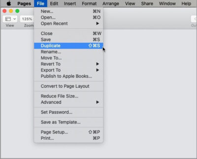 apple pages file menu - duplicate