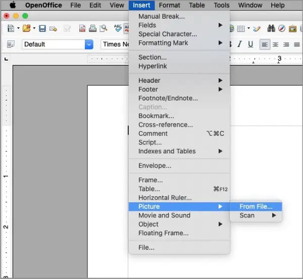 Openoffice Writer insert picture from file menu