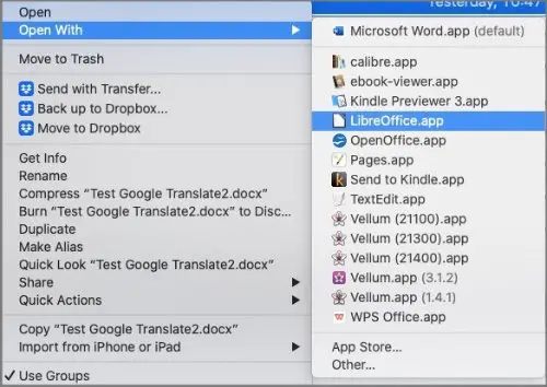 edit word files on mac - right-click menu to open file in libreOffice, openoffice, or Pages
