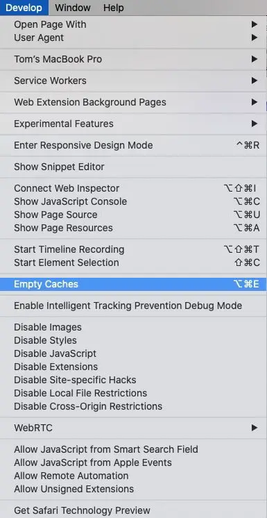 clear safari's cache from the develop menu