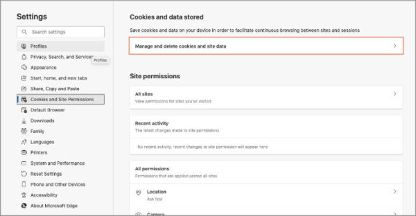 delete specific cookies in edge browser