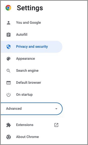 Privacy and security from the left side menu in google chrome settings.