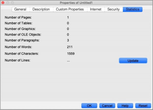 openoffice writer document statistics panel