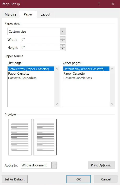set page size in ms word for windows