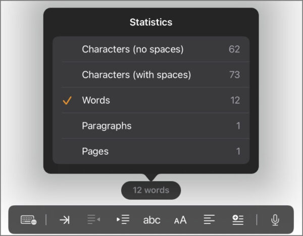 word count options in apple pages on iPadOS