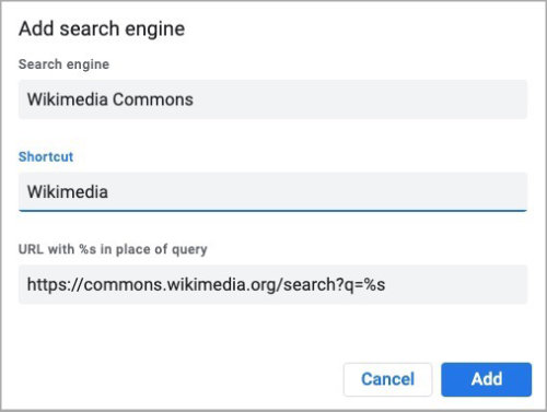 change the default search engine in chrome - example adding wikimedia commons