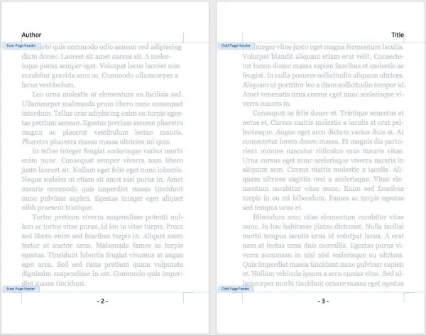 side by side page in ms word headers and footers