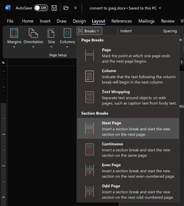 insert section break next page microsoft word windows