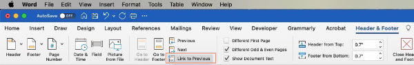 link to previous header or footer microsoft word