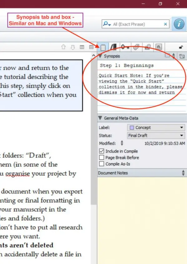 manually add a synopsis to scrivener documents
