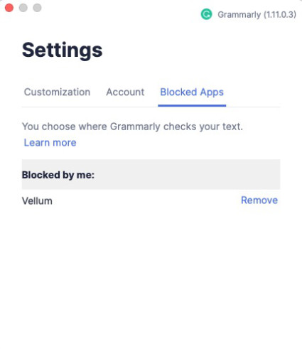 the blocked apps tab in grammarly for mac settings