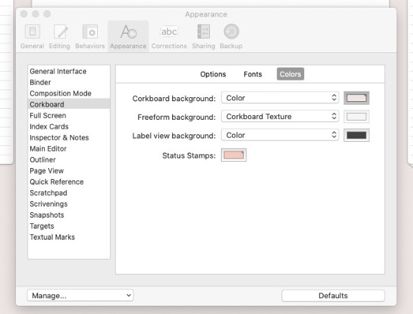 scrivener corkboard preferences panel in scrivener v3 for mac