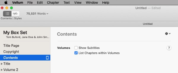 contents page in vellum box set check to list chapter within volumes
