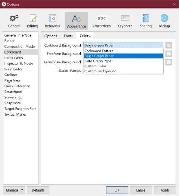 scrivener options panel in scrivener v3 for windows