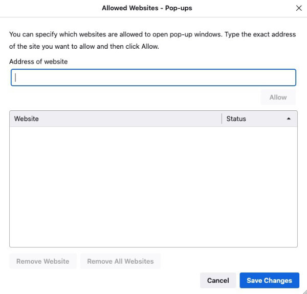 Firefox allowed websites for pop-ups panel