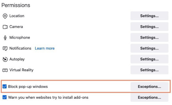 firefox - check box for block pop-up windows and exceptions button