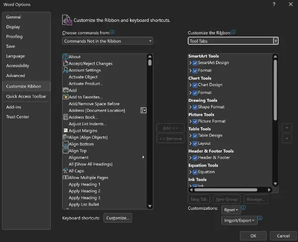 the ribbon settings panel in ms word for windows