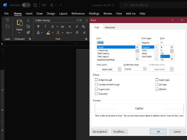 an open group settings panel in ms word for windows