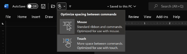 set Word ribbon for mouse or touchscreens