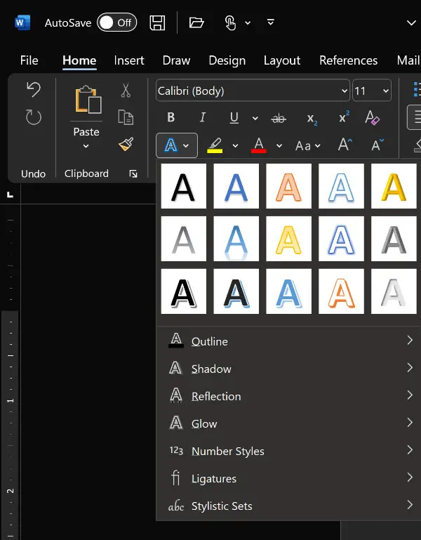 ms word ribbon font setting panel