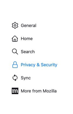 privacy & security menu - Firefox