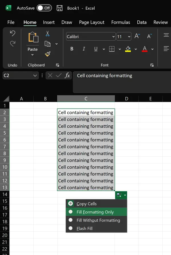 Microsoft Excel autofill showing text