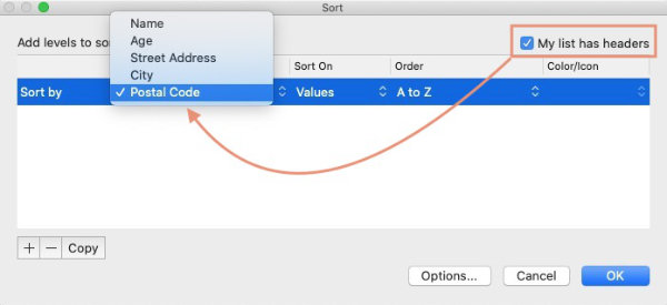 Microsoft Excel Sort panel